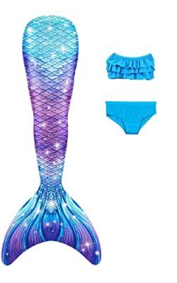 NAITOKE 3 TLG Mädchen Meerjungfrau Bikini Set,Halfter Tops Shorts Mermaid Tails zum Schwimmen,Cosplay Prinzessin Badeanzug,ohne Monoflosse,MERYA,120 von NAITOKE