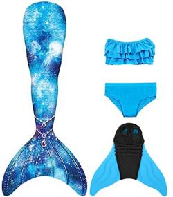 NAITOKE meerjungfrauenflosse mädchen Badeanzug - Meerjungfrau Flosse Bademode mit Bikini Set und Monoflosse Mermaid Tail, 4 Stück Set, XQSAO,140 von NAITOKE