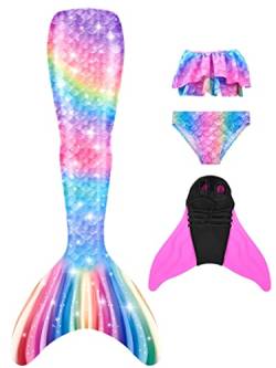 NAITOKE meerjungfrauenflosse mädchen Badeanzug - Meerjungfrau Flosse Bademode mit Bikini Set und Monoflosse Mermaid Tail, 4 Stück Set, XQSAYD,140 von NAITOKE