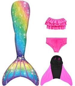 NAITOKE meerjungfrauenflosse mädchen Badeanzug - Meerjungfrau Flosse Bademode mit Bikini Set und Monoflosse Mermaid Tail, 4 Stück Set,Pool,140 von NAITOKE