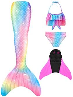 NAITOKE meerjungfrauenflosse mädchen Badeanzug - Meerjungfrau Flosse Bademode mit Bikini Set und Monoflosse Mermaid Tail, 4 Stück Set,Poop,130 von NAITOKE