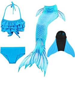 NAITOKE meerjungfrauenflosse mädchen Badeanzug - Meerjungfrau Flosse Bademode mit Bikini Set und Monoflosse Mermaid Tail, 4 Stück Set,Spyhaa,150 von NAITOKE