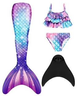 NAITOKE meerjungfrauenflosse mädchen Badeanzug - Meerjungfrau Flosse Bademode mit Bikini Set und Monoflosse Mermaid Tail, 4 Stück Set von NAITOKE