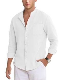 NANAMEEI Freizeithemd Herren Leinen Sommerhemd Herren Stehkragen Hemd Für Männer Hemd Knopfleiste Herren Weiß XL von NANAMEEI