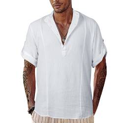 NANAMEEI Freizeithemden Herren Slim Fit Leinenhemd Herren Kurzarm Weiß Sommer Hemd Freizeithemd Mit Knopf Weiß L von NANAMEEI
