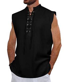 NANAMEEI Gothic Westen Herren Ärmellose Stehkragen Hemden Oberteile Herren Leichtes Leinenhemd Herren Leinen Shirt Leinenhemd Ohne Kragen Herren Regular Fit Schwarz L von NANAMEEI