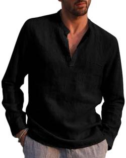 NANAMEEI Größe Freizeithemden Herren Leinen Button Up Shirt Stehkragenhemd Schwarz 2XL von NANAMEEI
