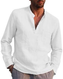 NANAMEEI Hemd Herren Langarm Henley Sommerhemd Herren Freizeithemd mit Brusttasche Regular Fit Men Shirts Weiß M von NANAMEEI