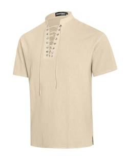 NANAMEEI Mittelalter Kleidung Herren Hemd Kurzarm Freizeit Einfarbig Schnürhemd Khaki 3XL von NANAMEEI