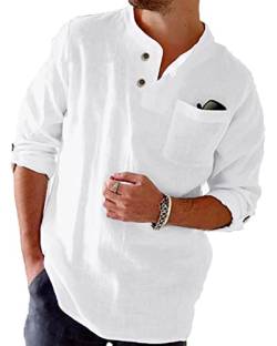 NANAMEEI Herren Baumwolle Leinenhemd Langarm Regular Fit Freizeithemd Weiß L von NANAMEEI