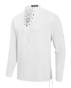 NANAMEEI Herren Henley Shirt Stehkragenhemd Leinenhemd Freizeithemd Weiß XL von NANAMEEI