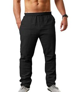 NANAMEEI Herren Leinenhose Baumwolle Casual Solid Kordelzug Hose Lose Herren Hose, Schwarz , 56 von NANAMEEI