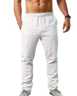 NANAMEEI Herren Leinenhose Baumwolle Casual Solid Kordelzug Hose Lose Herren Hose, weiß, 34-37 von NANAMEEI