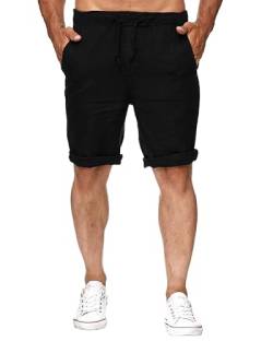 NANAMEEI Herren Leinenhosen Herren Kurz Freizeithose Sommerhose Leicht Casual Leinen Hosen Mann Standhosen mit Kordelzug Taschen Schwarz M von NANAMEEI