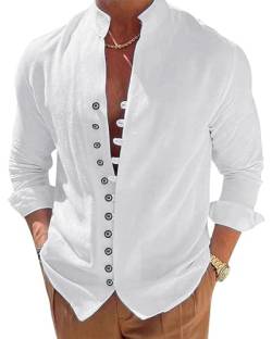 NANAMEEI Leinenhemd Hemd Herren Langarm Henley Shirt Baumwolle Sommerhemd Stehkragen Casual Regular Fit Freizeithemd Weiße Streifen XL von NANAMEEI