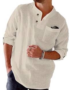 NANAMEEI Casual Leinen Hemd Herren Langarm Henley Shirt Regular Fit Sommerhemd mit Tasche Khaki 3XL von NANAMEEI