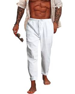 NANAMEEI Leinenhose Herren Sommer Leinenhosen Yoga Freizeithose Herren Regular Leichte Strandhose Herren Lang Weiss Herren Weiß 3XL von NANAMEEI