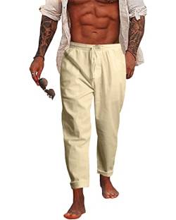 NANAMEEI Leinenhosen Herren Leichte Sommerhose Herren Lang Leinenhose Herren Slim Fit Casual Strandhose Mann Yoga Leinenhose Herren Loose Fit Beige 3XL von NANAMEEI