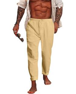 NANAMEEI Leinenhosen Herren Leichte Sommerhose Herren Lang Leinenhose Herren Slim Fit Casual Strandhose Mann Yoga Leinenhose Herren Loose Fit Khaki 3XL von NANAMEEI