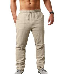 NANAMEEI Leinenhose Herren mit Kordelzug Leicht Sommerhose Strandhose Leinen Herren Lang Hose aus Baumwollmischung Einfarbig für Männer Stoffhose Khaki 3XL von NANAMEEI