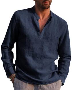 NANAMEEI Männer Hemd Langarm Henley Shirt Freizeithemd Leinenhemd Regular Fit Sommerhemd mit Tasche Navy Blau 3XL von NANAMEEI