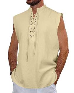 NANAMEEI Westen Herren Schnürung Renaissance Shirt Leinen Herren Leichtes Sommerhemd Tank Mann Baumwolle Leinen Hemden Standhemd Leinenhemd Ohne Kragen Herren Khaki 3XL von NANAMEEI