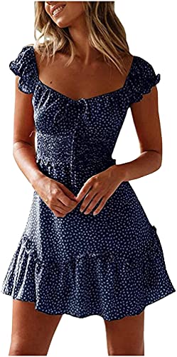 Blumen Sommerkleid Damen Vintage Minikleid High Waist Gesmoktes Kleid Damen Polka Dot Blumenmuster Rüschensaum Spaghetti Träger Volant Kleid Sommerkleid Freizeit Kleider von NAQ