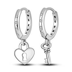 NARMO 925 Sterling Silber Herz Schloss Ohrringe für Frauen Kleine Schlüssel Hoop Ohrringe Hypoallergene Dangle Drop Ohrringe von NARMO