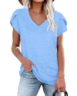 Damen T-Shirts Blau Sommer Flügelärmeln V-Ausschnitt Tops für Frauen L von NARRAME