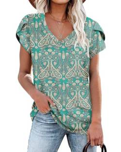 Damen T-Shirts Boho Flora Grün Sommer Flügelärmeln V-Ausschnitt Tops für Frauen L von NARRAME