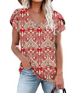 Damen T-Shirts Boho Flora Rot Sommer Flügelärmeln V-Ausschnitt Tops für Frauen L von NARRAME