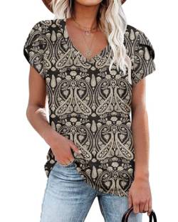 Damen T-Shirts Boho Flora Schwarz Sommer Flügelärmeln V-Ausschnitt Tops für Frauen L von NARRAME