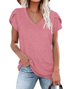 Damen T-Shirts Rosa Sommer Flügelärmeln V-Ausschnitt Tops für Frauen L von NARRAME