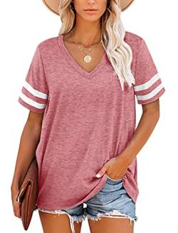 Damen T-Shirts Rosa Sommer Gestreifte V-Ausschnitt Tops für Frauen L von NARRAME