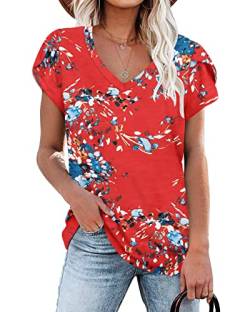 Damen T-Shirts floral Blau Rot Sommer Flügelärmeln V-Ausschnitt Tops für Frauen L von NARRAME