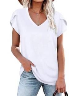 Damen Tops Weiß V-Ausschnitt Blütenblatt Ärmel T-Shirt Sommer Kausal Tunika XXL von NARRAME