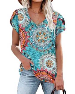 Damen Tops blumengrün V-Ausschnitt Blütenblatt Ärmel T-Shirt Sommer Kausal Tunika XXL von NARRAME