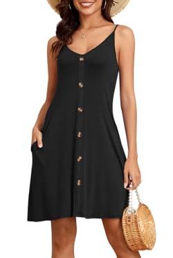 NARRAME Damen-Kleider, Spaghettiträger, V-Ausschnitt, Damen-Sommerkleider, lässig, trendig, Basic-Sommerkleid mit Taschen, Schwarz, Medium von NARRAME