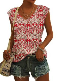 NARRAME Damen Kurzarm T-Shirt Sommer Tank Top Locker Oberteile Damen Sommer V Ausschnitt Blusen Boho Flora Rot XXL von NARRAME