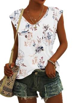 NARRAME Damen Kurzarm T-Shirt Sommer Tank Top Locker Oberteile Damen Sommer V Ausschnitt Blusen blumenweiß XXL von NARRAME