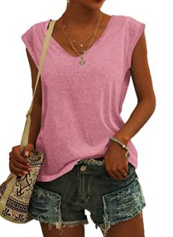 NARRAME Damen Kurzarm T-Shirt Sommer Tank Top Locker Oberteile Damen V Ausschnitt Sommer Blusen Rosa XXL von NARRAME