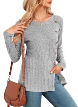 NARRAME Damen-Pullover, langärmelig, Pullover für Damen, Winter, Knöpfe vorne, lockere Passform, Bluse, Größe S, Weiß, Grau von NARRAME