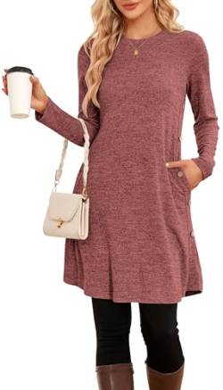 NARRAME Damen-Pullover-Kleider, Winter, langärmelig, Kausale Knöpfe, seitliche Kleider für Damen, elegant, mit Taschen, klein, Rot von NARRAME