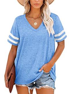 Damen T-Shirts Blau Sommer Gestreifte V-Ausschnitt Tops für Frauen L von NARRAME