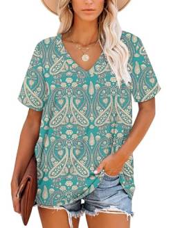 NARRAME Damen T-Shirts Boho Flora Grün Sommer Gestreifte V-Ausschnitt Tops für Frauen L von NARRAME