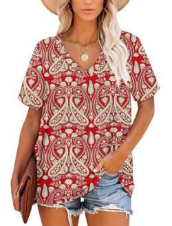 Damen T-Shirts Boho Flora Rot Sommer Gestreifte V-Ausschnitt Tops für Frauen L von NARRAME