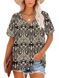 Damen T-Shirts Boho Flora Schwarz Sommer Gestreifte V-Ausschnitt Tops für Frauen L von NARRAME