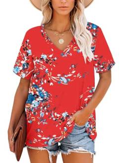 Damen T-Shirts floral Blau Rot Sommer Gestreifte V-Ausschnitt Tops für Frauen L von NARRAME