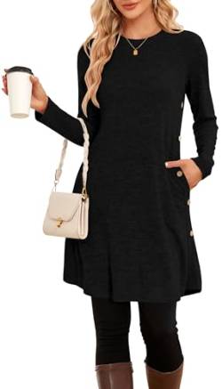 NARRAME Party-Pullover-Kleider für Damen, Frühling, Herbst, lässiges, seitliches Langarmkleid mit Knöpfen und Taschen, X-Large, Schwarz von NARRAME