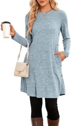 NARRAME Pullover-Kleider für Damen, Winter, langärmelig, Kausale Knöpfe, seitliches Pulloverkleid mit Taschen, XX-Large, Hellblau von NARRAME